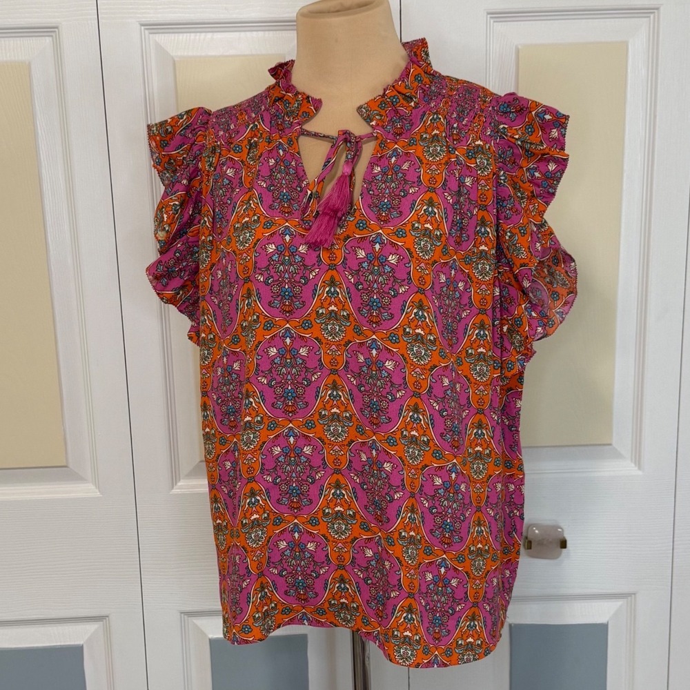Olivaceous Pink Orange Paisley Ruffle Flutter Sleeve Tassel Boho Blouse Large